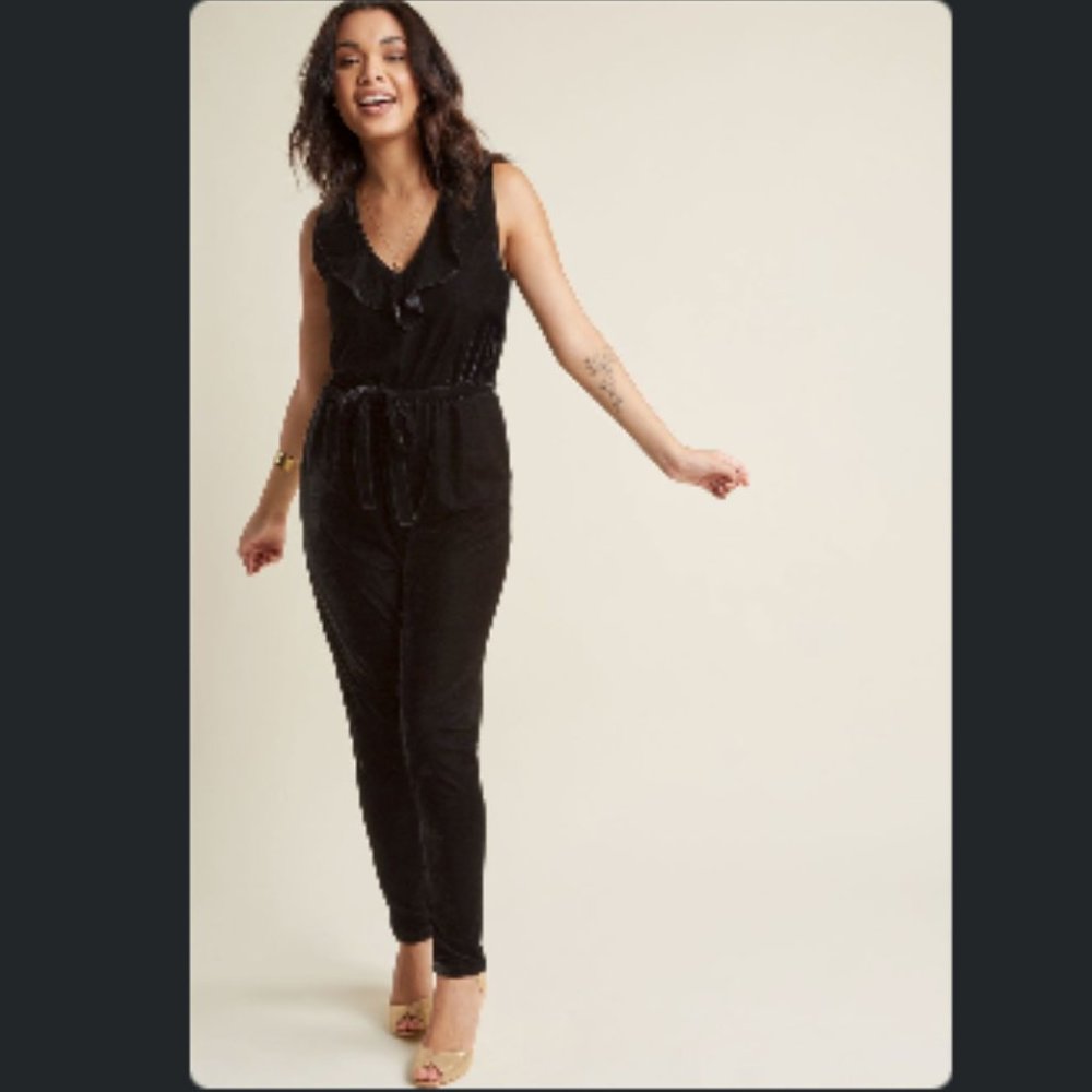 Modcloth Ruffled V-Neck Velvet Jumpsuit